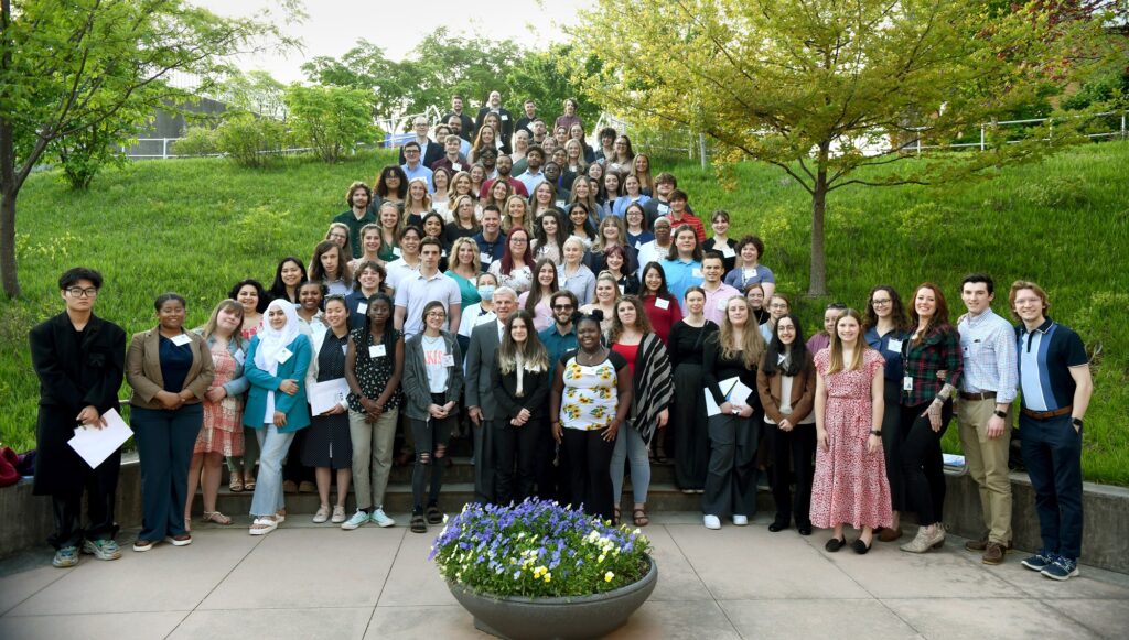 Virginia Western President Dr. Robert H. Sandel (center) is pictured with recipients of 2023-24 general scholarships awarded by the Virginia Western Community College Educational Foundation.