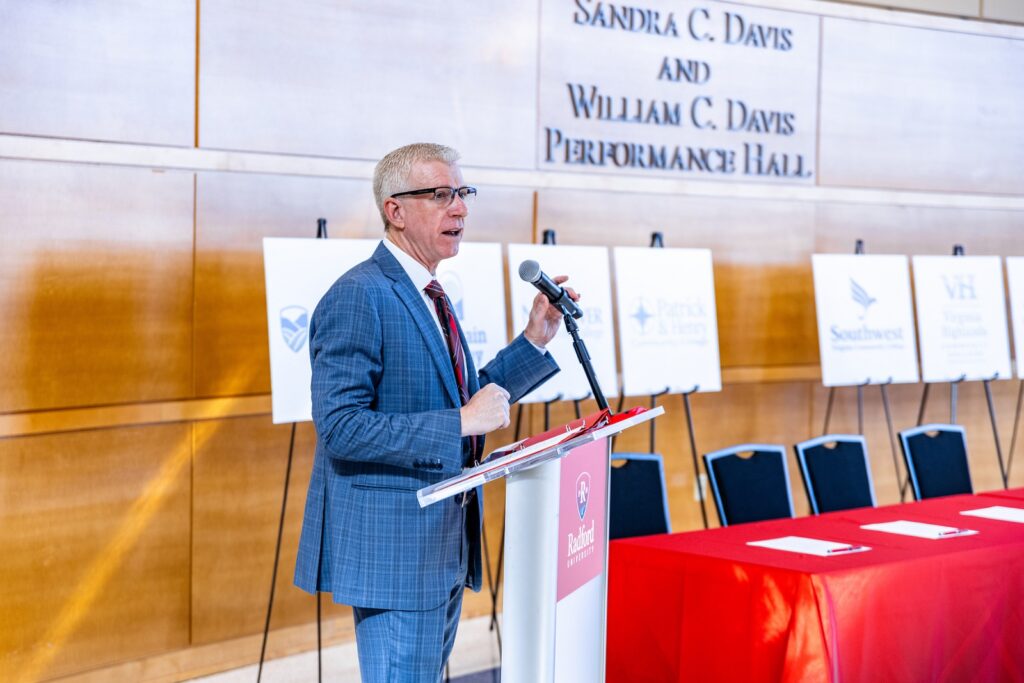 Radford University President Bret Danilowicz speaks at the signing ceremony on Nov. 6.