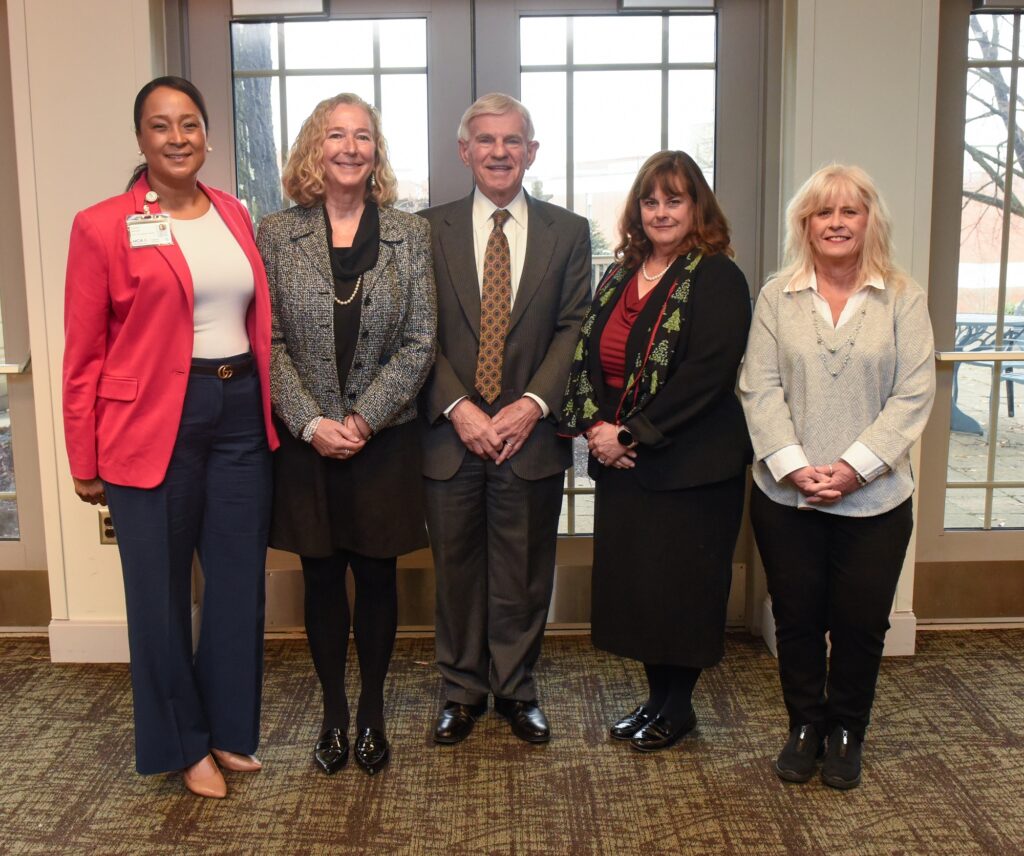 From left are: Dr. Yvette Dorsey, AVP of Academic Affairs, HCA Healthcare Capital Division; Marty Sullivan, Virginia Western Dean of Health Professions; Dr. Robert Sandel, President, Virginia Western; Dr. Elizabeth Wilmer, Virginia Western Vice President of Academic and Workforce Solutions; and Dr. Kelley Pennell, Virginia Western Director of Nursing. Photo credit: Clem Britt, Virginia Community College System.