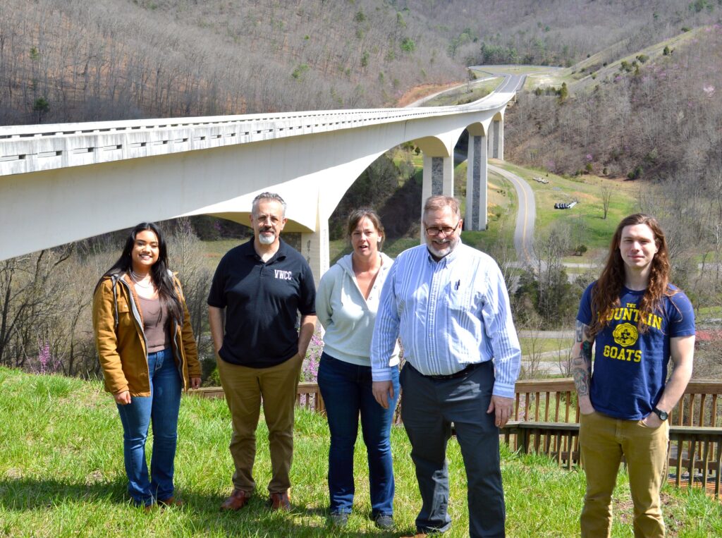 
Members of the Autonomous Technologies course took a field trip to the Virginia Tech Transportation Institute in April. Pictured with VTTI's "Smart Road" are (from left): Briana Wood, Dr. David Berry, Ashley Stanley, Adam O'Neal and Nat Stuart. Photo by Eric Holbrook, Virginia Tech Transportation Institute.