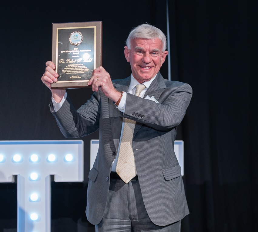 Virginia Western's President, Dr. Robert Sandel, receives the Roanoke Regional Chamber of Commerce' Joyce Waugh Lifetime Achievement Award.