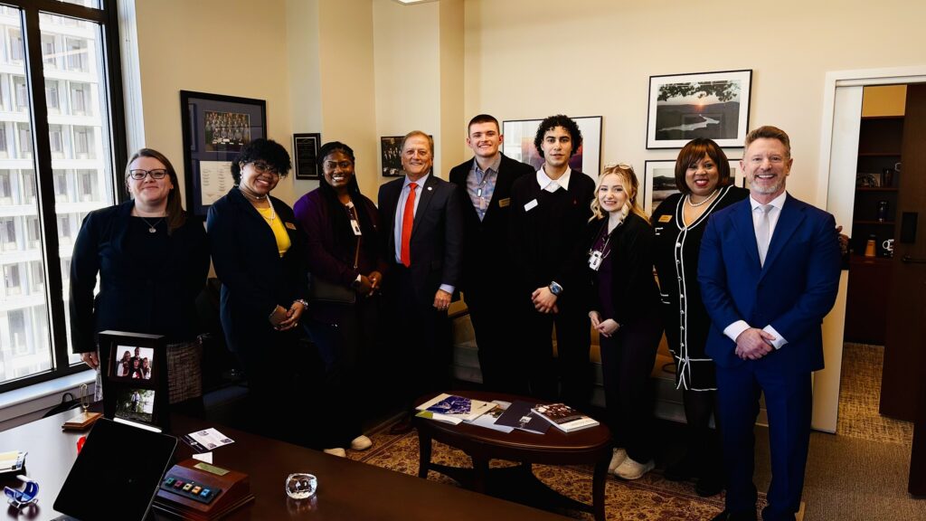 Virginia Western Community College visitors met with legislators from the College's service region in Richmond on Jan. 27. Pictured (from left) are: Student Activities Coordinator Natasha Lee, Chanell Johnson, Uleksis Williams, Senator Chris Head, Joshua Hawks, Yassine Abdelkader, Grace Dillon, Vice President of Student Affairs Bernadette Battle, and Dr. David Doré, Chancellor of the Virginia Community College System.