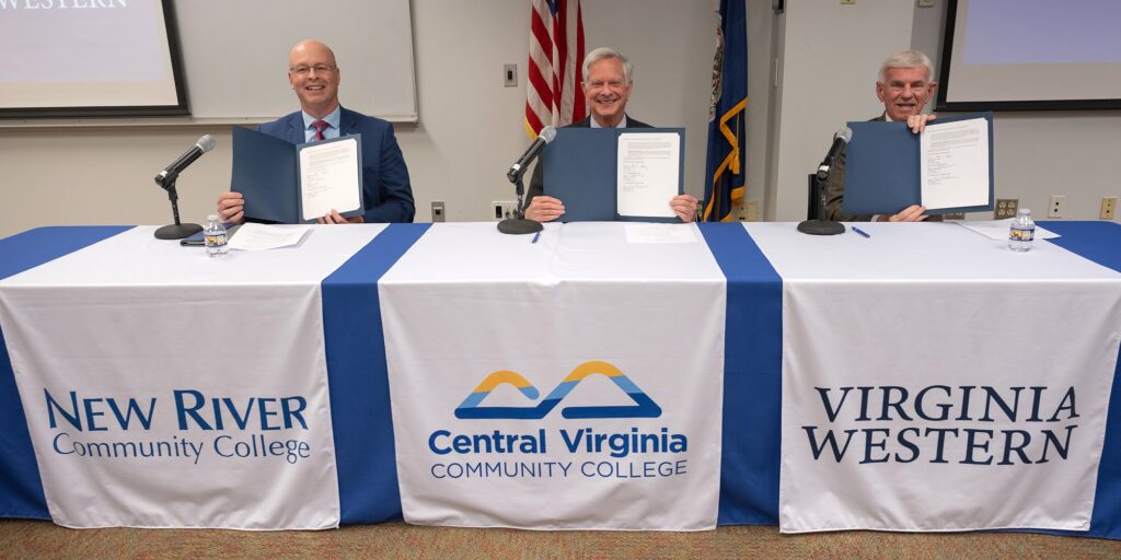 Dr. Peter Anderson (from left), New River Community College Vice President of Instruction and Student Services; Dr. John Capps, President of Central Virginia Community College; and Dr. Robert Sandel, President of Virginia Western Community College.