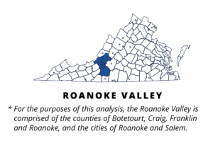 Map of Virginia with the Roanoke Valley highlighted